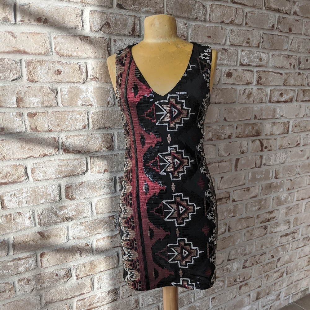 Sequin Aztec print/black mini boutique dress
